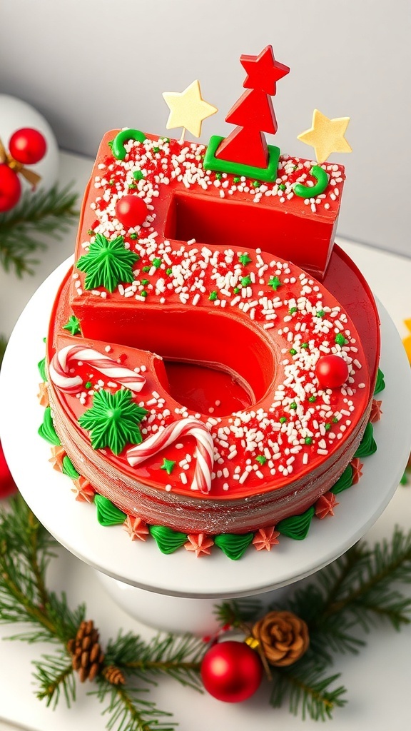 A festive number 5 Christmas cake decorated with red and green icing, sprinkles, and candy canes, on a cake stand with holiday decorations.